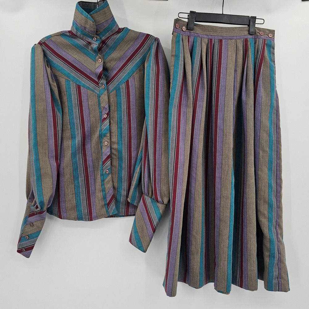Vintage Western Sophisticates Pendleton Striped Pleated Skirt Set Blouse 13/14